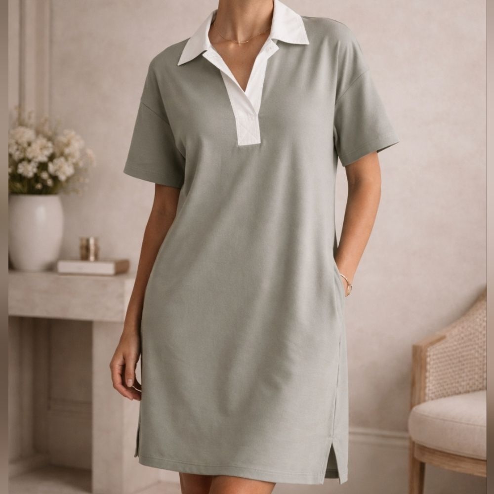 Everlane Fog Polo Dress S Minimalist Quiet Luxury Split Hem Capsule Wardrobe NWT